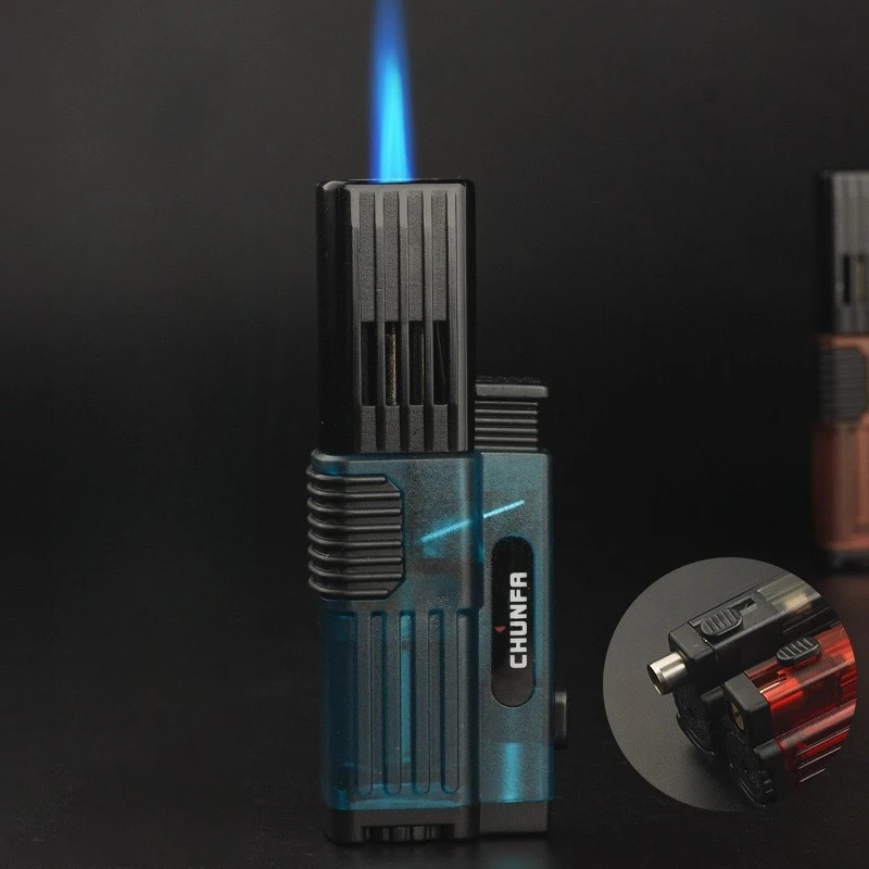 

Горячая ветрозащитная зажигалка с открывалкой для сигар, видимая прозрачная камера с синим пламенем, мощный аксессуар для курения сигар