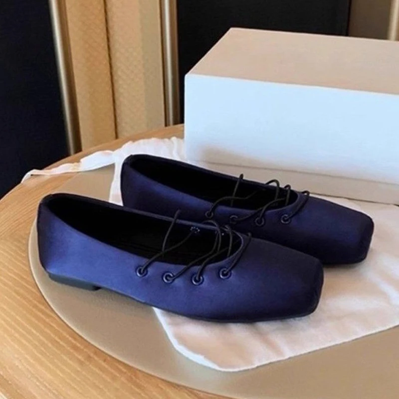 

Square Toe Satin Silk Ballet Shoes Woman Sexy Cross Tied Narrow Elastic Band Ballerina Flat Ladies Soft Shallow Loafers Navy Red