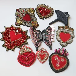 Fashion red heart beaded Patches for clothing DIY sew on sequins rhinestone badge patches Embroidered appliques parche rope