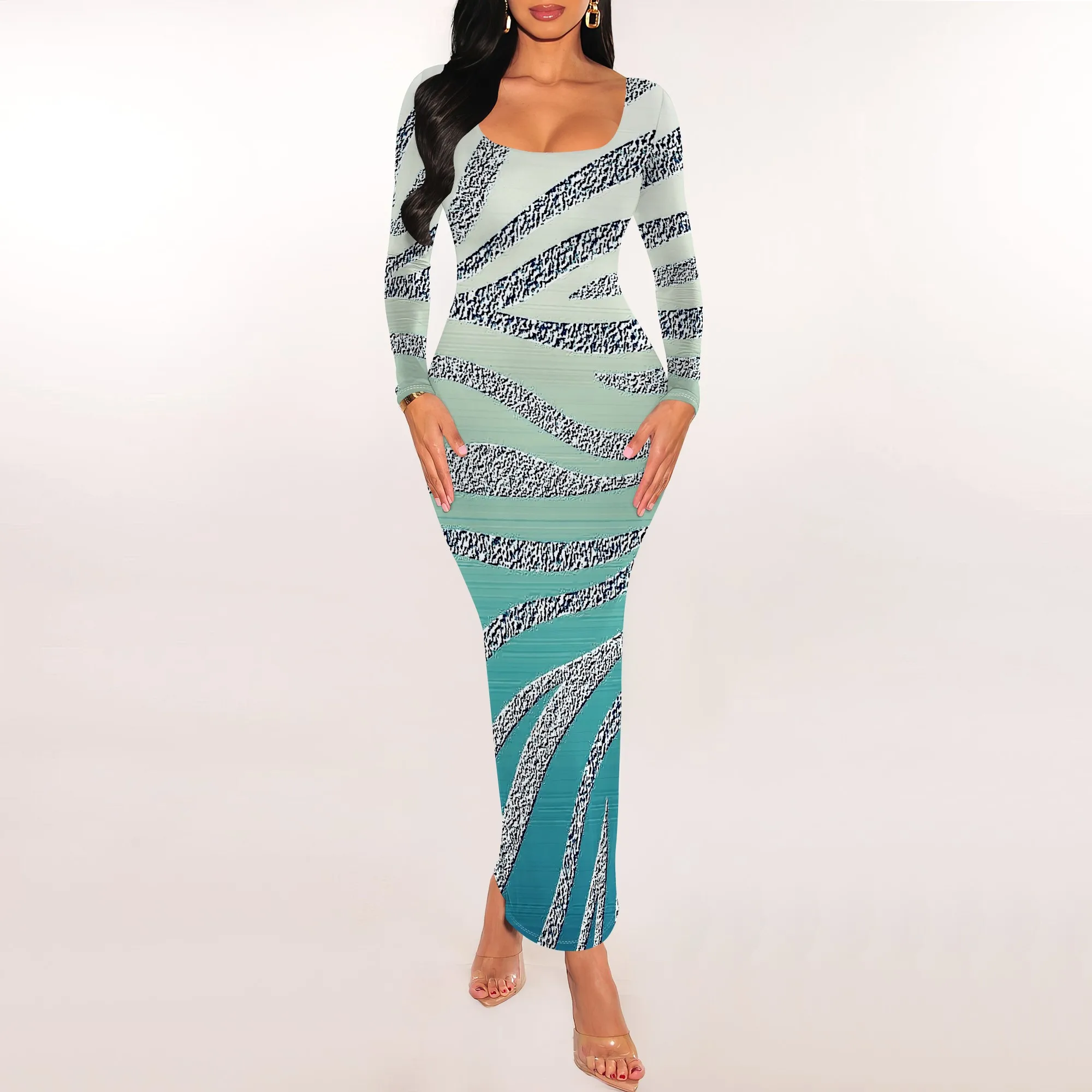 

Gradient Zebra Stripe Bodycon Maxi Dress Scoop Neck Long Sleeve Sexy Club Party Dress
