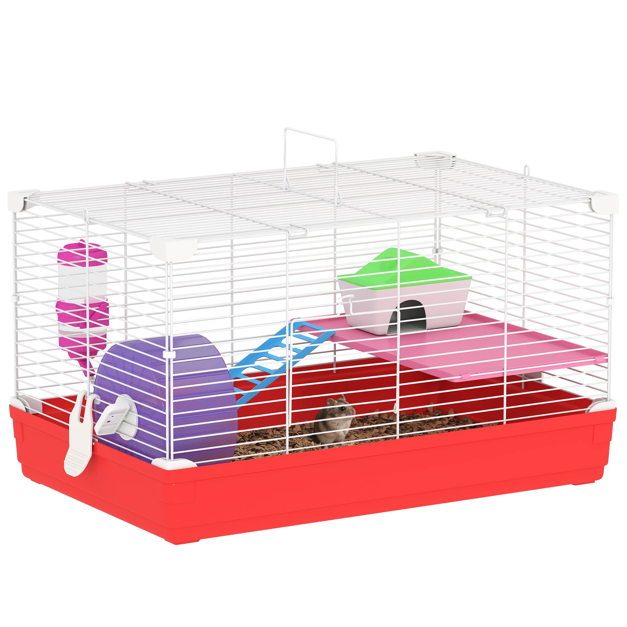 Pawut Cage hamsterkooi, 2-laags klein dierenverblijf, uitneembare bodem voor eenvoudige reiniging, hokje, loopwiel, ladder en bakje.