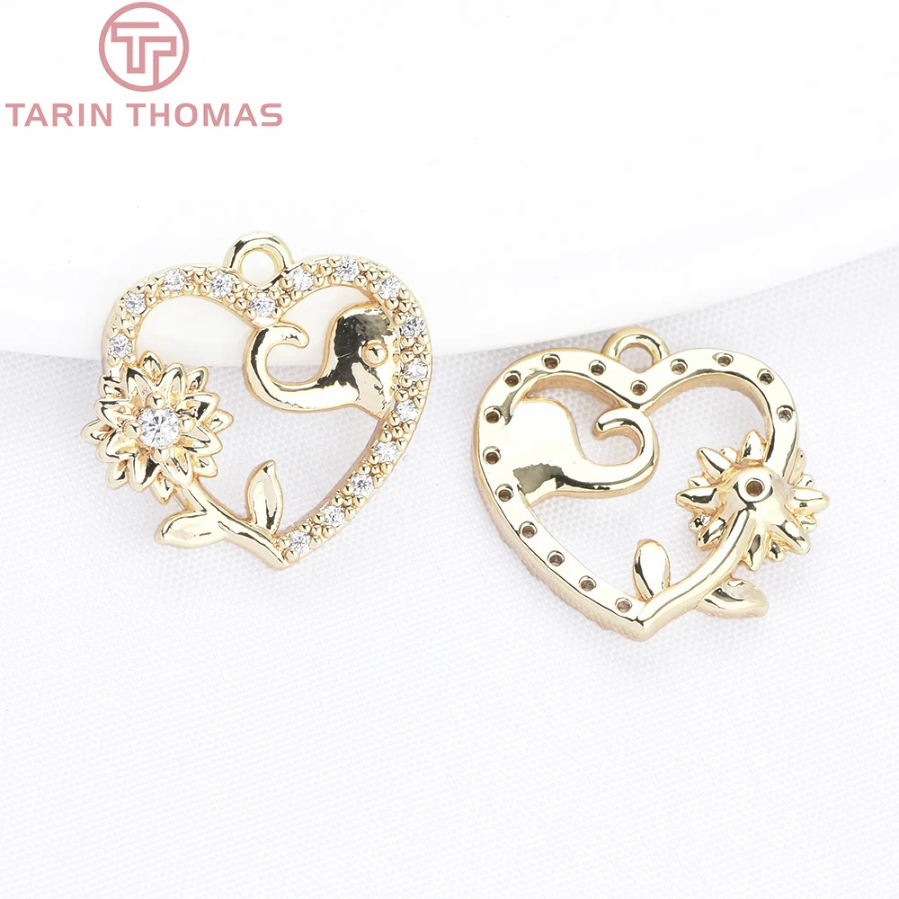 (9682) 4PCS 24K Gold Color with Zircon Heart Shaped Hollow Flower Elephant Pattern Pendants Hight Quality DIY Jewelry Making
