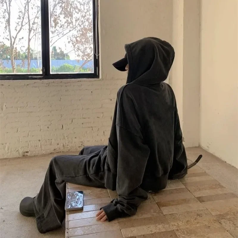 2025 nuove donne allentate con zip americana felpa con cappuccio lavata vintage nero grigio autunno inverno moda casual streetwear