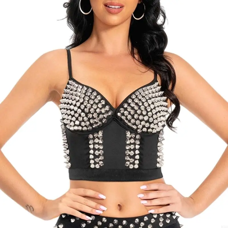 Mulheres Bustier Crop Top Punk Rivets Push Up Corset Top Bra para Festas Clube Racer H7EF