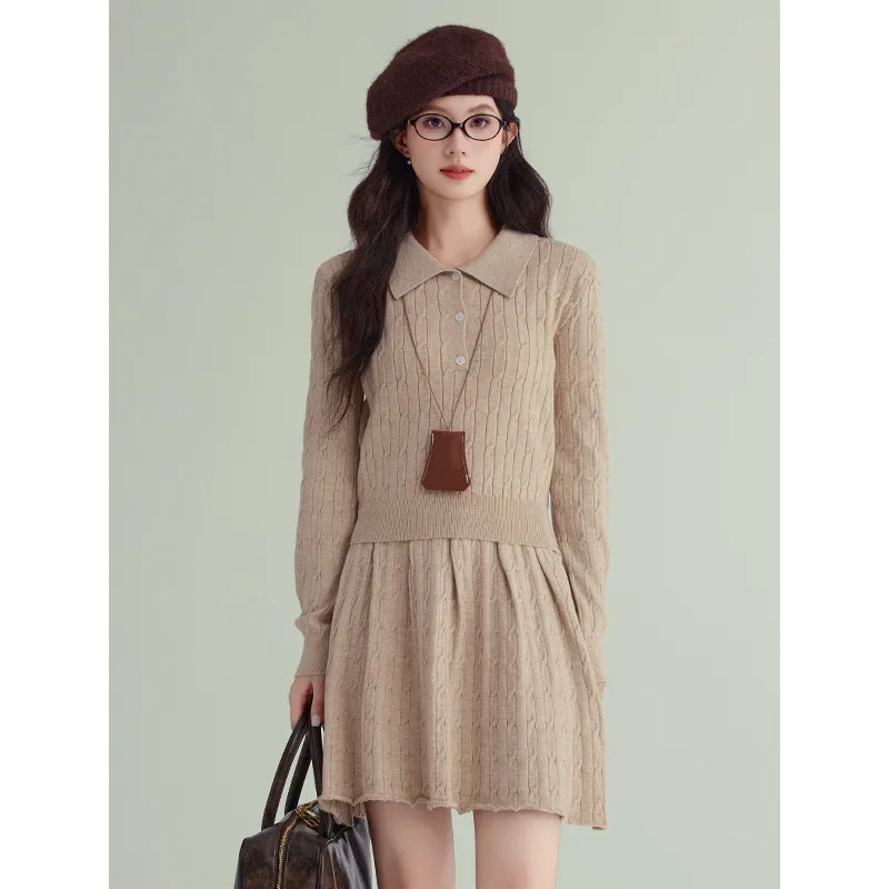 

Khaki Lapel Twisted Knitted Sweater And Pleat Skirt Winter Autumn Women Set Pullover Top + Short Skirt Fall Winter 2 Piece Set