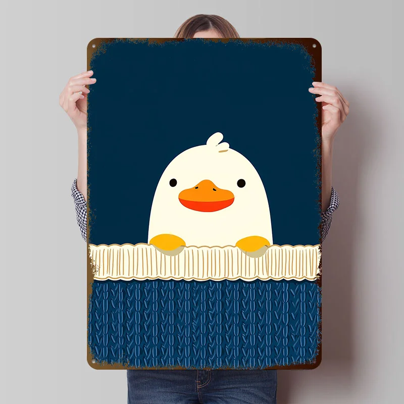 Niedliche Ente auf blauem Hintergrund, Metallposter, individuelle Wandkunst, Retro-Vintage-Blechschilder für Heimdekoration, Gaming-Inneneinrichtung