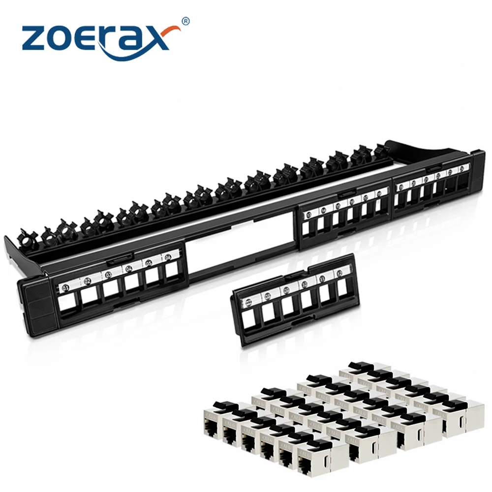 ZoeRax Panel de conexión sin blindaje de 24 puertos con acoplador Cat7 Cat6A Cat6 Cat5E insertos extraíbles Panel de conexión de red de 19 pulgadas/1U