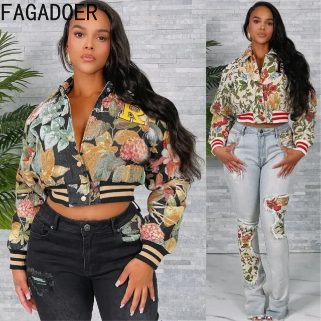 FAGADOER Vintage żakardowe krótkie kurtki damskie modne guziki z długim rękawem haftowany patchworkowy krótki płaszcz Y2K Streetwear 2025