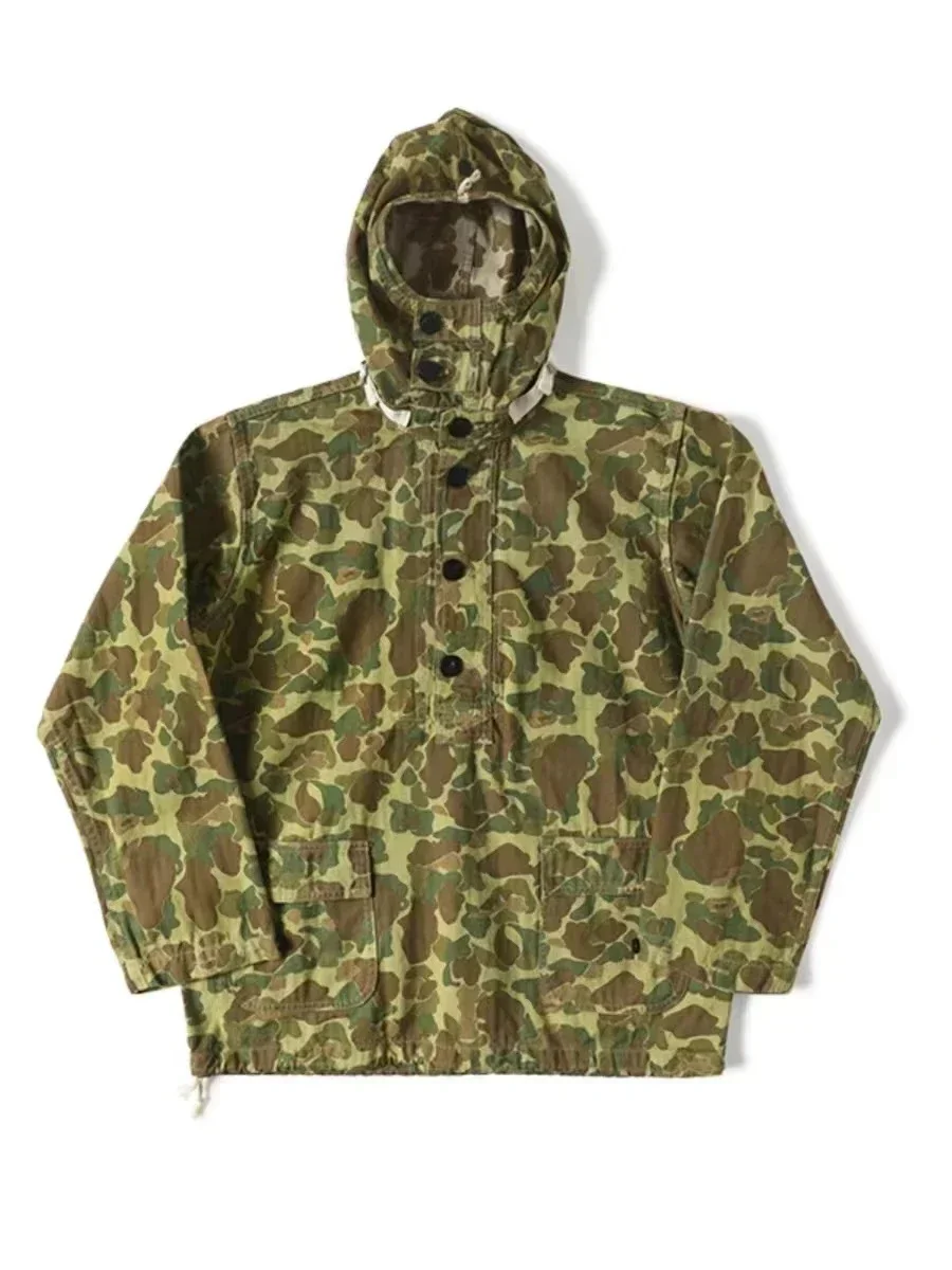 Rugged Bronson Selvage Denim & Duck Hunter Camouflage Gunner Smock Vintage Hooded Pullover