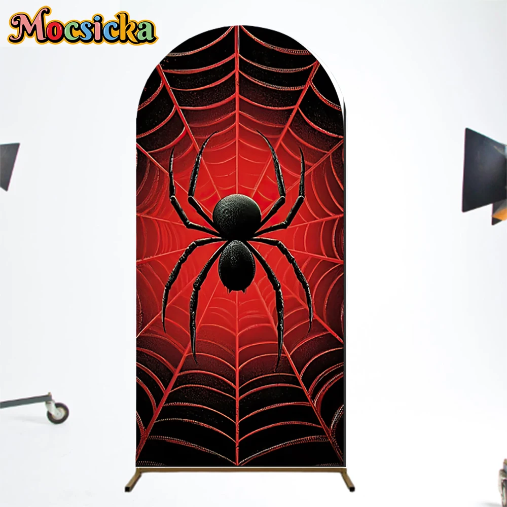 Mocsicka Red Gradient Spider Web Arch Photography Background Black Spider Birthday Halloween Backdrop Boys Studio Shooting Decor