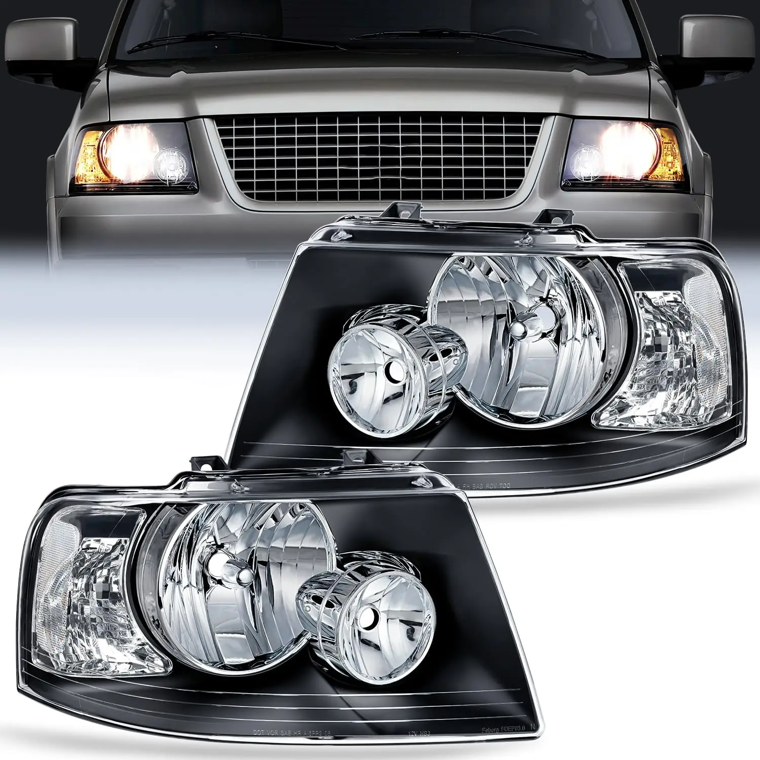 

Headlight Assembly Compatible with 2003 2004 2005 2006 Ford Expedition Headlamps Replacement Black Housing Clear Reflector Clear