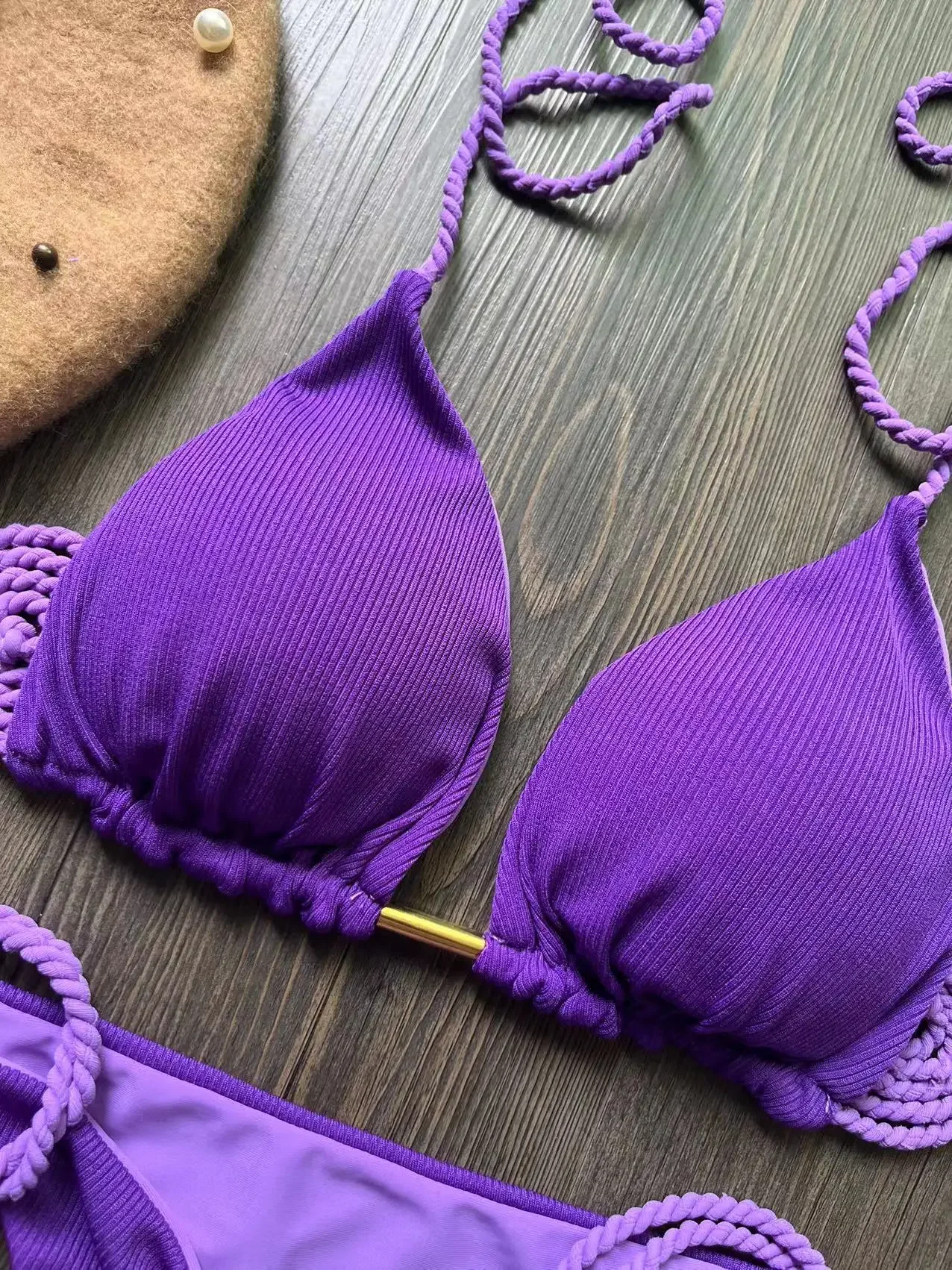 Ruotonsept sexy cor sólida trança corda conjunto de biquíni feminino maiô de duas peças triângulo maiô biquinis brasileiros
