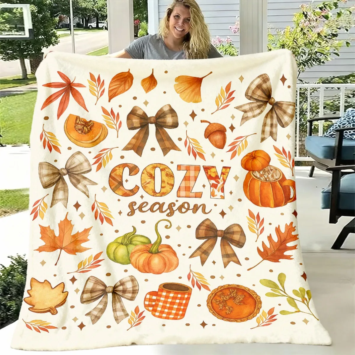 1pc Autumn Harvest Flannel Throw Blanket with Bowknots Soft, Cozy Brown & Beige Plaid Design Featuring Pumpkins, Leaves, and Grains Perfect for Bed, Sofa, or Chair Machine Washable, AllSea