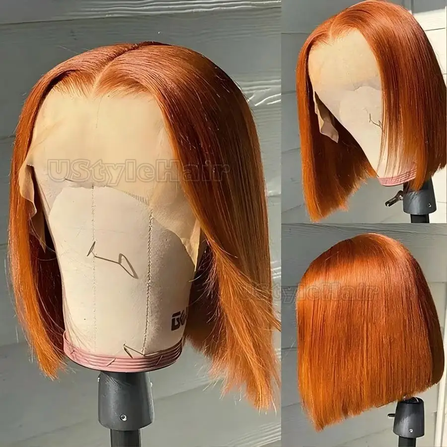 الزنجبيل بوب شعر مستعار قصير مستقيم الدانتيل شعر مستعار أمامي للنساء 13x4 شعري طبيعي ارتداء اليومي الباروكات مقاومة للحرارة الاصطناعية بوب الباروكات #3