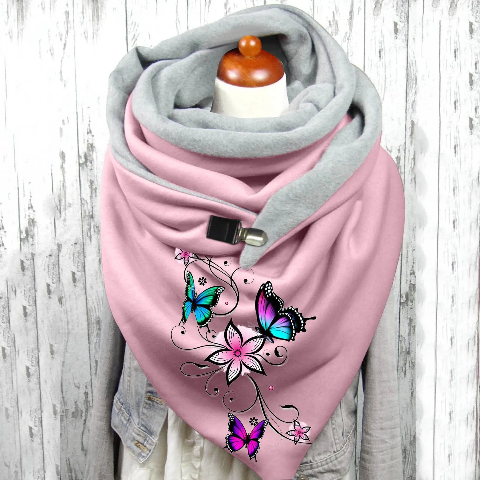 New Fashion Winter Women Scarf Funny Butterfly Flower Printing Button Soft Wrap Casual Warm Scarves Shawls Women Cotton Scarves