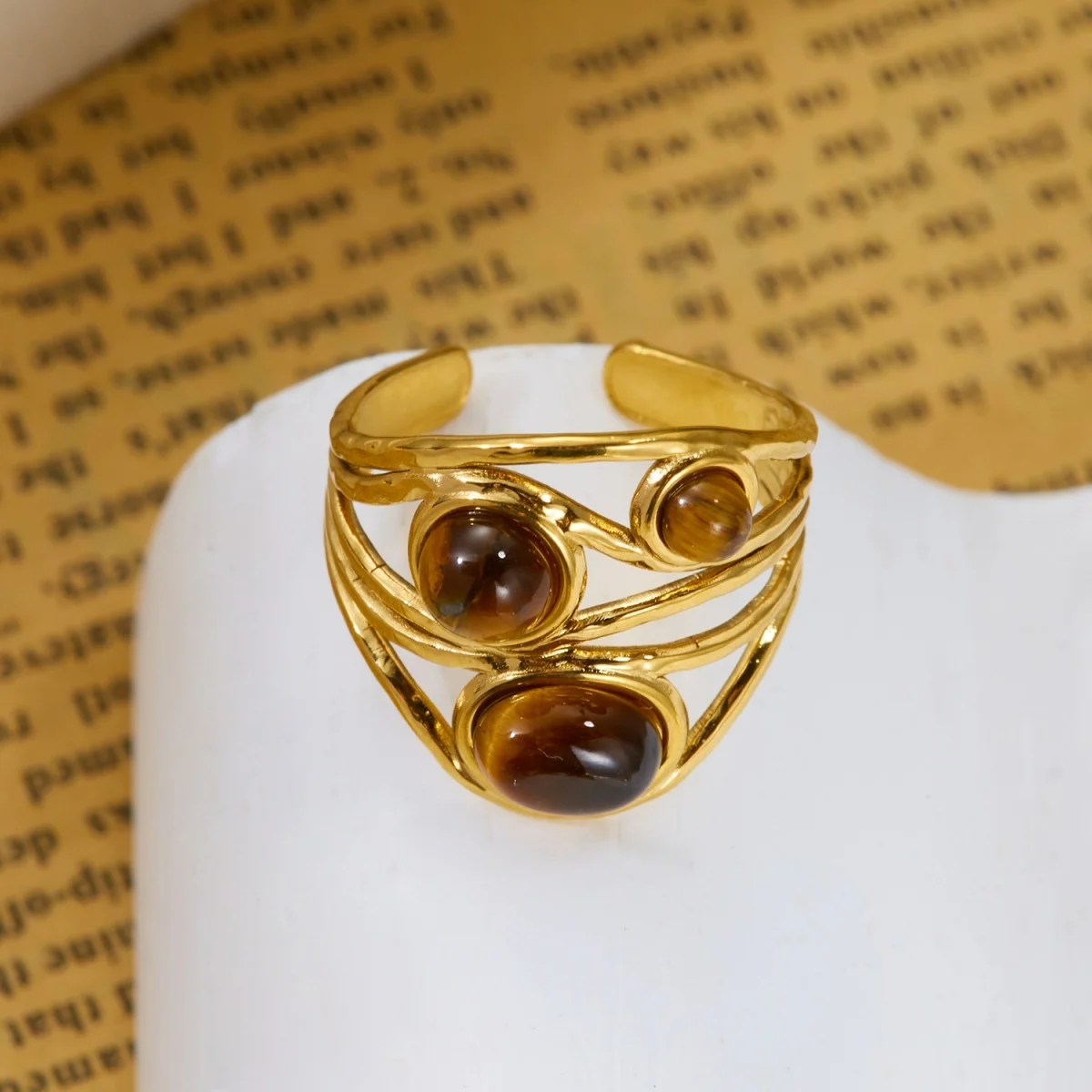 Retro-Ringe mit unregelmäßigem Lava- und Tigerauge-Stein für Damen und Herren, Edelstahl, geometrische Textur, Fingerring, ästhetischer Schmuck – Detail 31