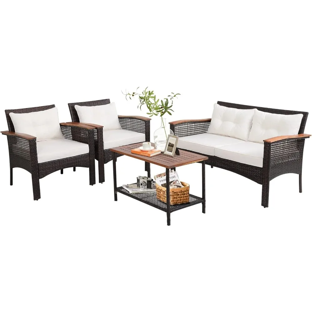 

4 Piece Patio Furniture Set, Acacia Wood Outdoor Wicker Conversation Set Cushions, Rattan Sectional Sofa Set, Lawn, Backyard