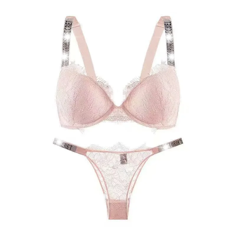 Ensemble de lingerie sexy pour femmes, style dentelle, soutien-gorge et culotte, luxe, sans coutures, push-up avec strass.