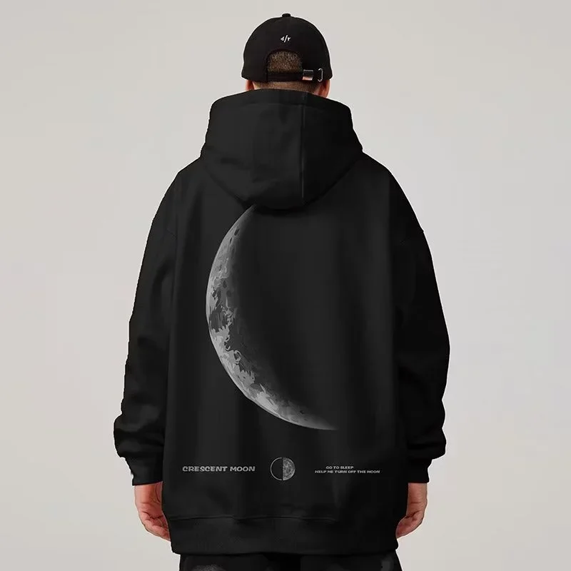 New CRESCENT MOON Print Men's Pullovers Hoodies Autumn Oversized Y2K Streetwear Pocket Hooded Sweatshirts Hip Hop Fashion Hoody