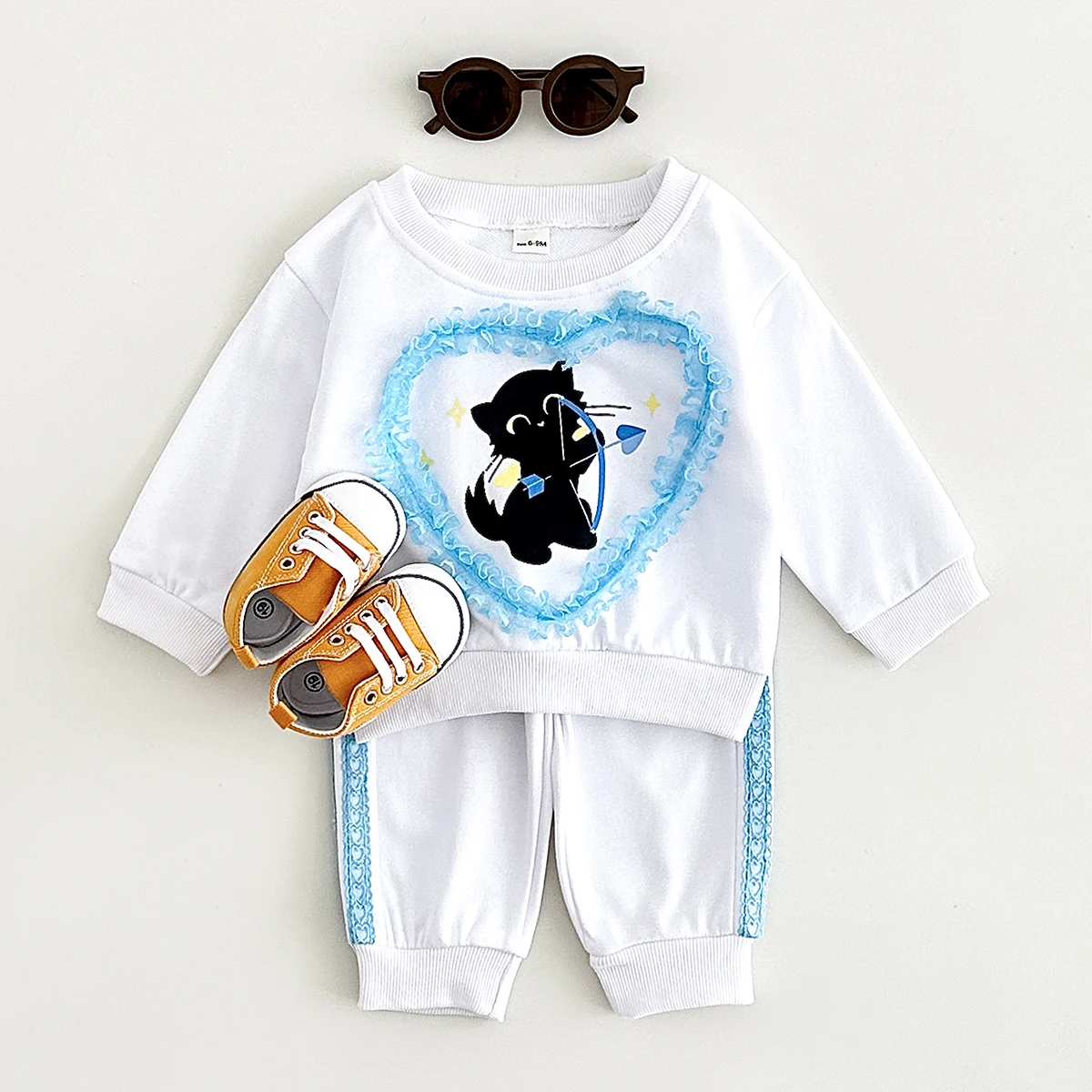 2024 Fall Girls Infant Sets Blue Heart-Shaped Lace Top Cute Kitten Pullover Shirt+Sports Pants Newborn Baby Clothes Spring New