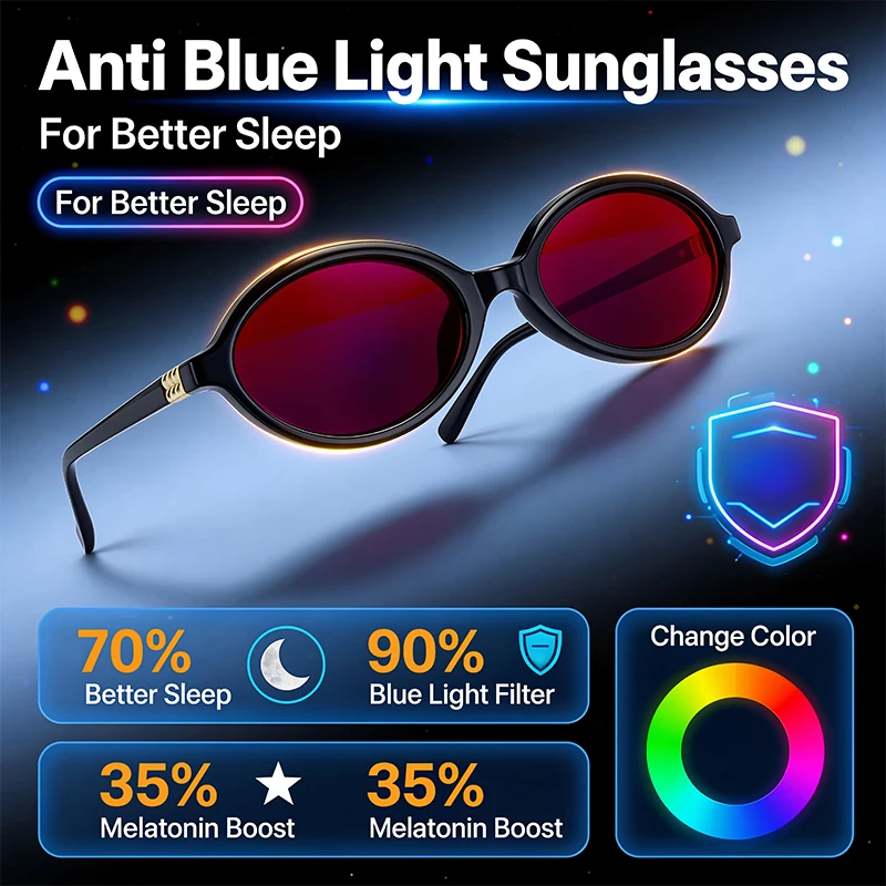 

Anti Blue Light Blocking Oval Glasses Women Men Better Sleep Red Tinted Lenses Sunglasses For Computer Gaming Photochromic Shade
