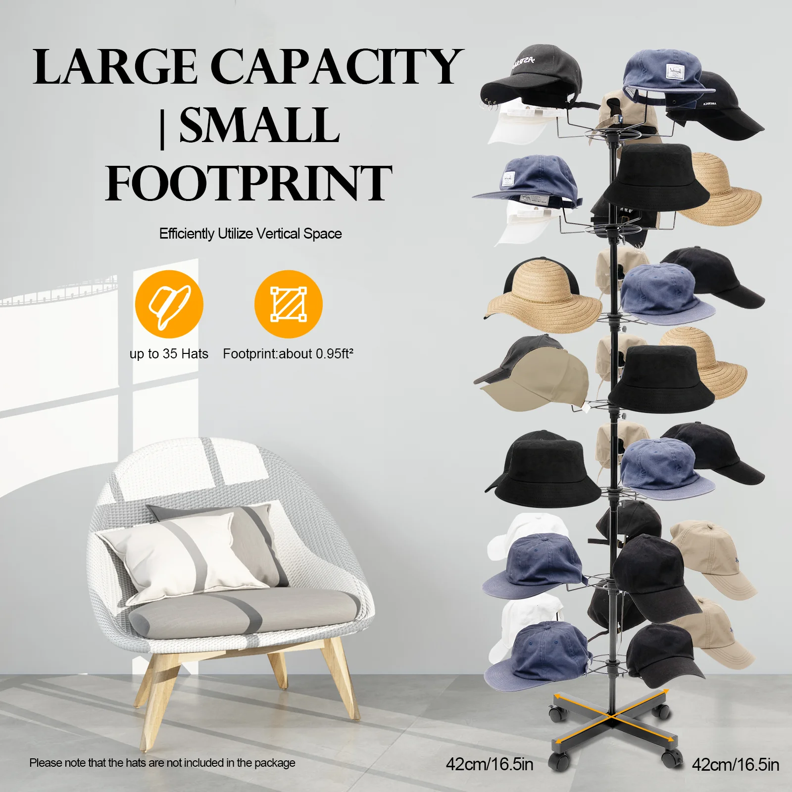 Floor Stand Rotating Hat Display Rack Stand with 35 Hooks Hat, Black 7 Tiers Hat Holder Storage Organizer with Wheels