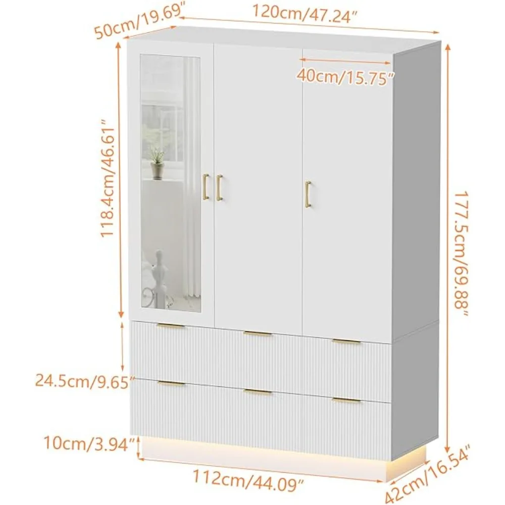 Wardrobe Closet with 3 Door Bedroom Armoires with Mirror and LED Lights Wardrobe Closet