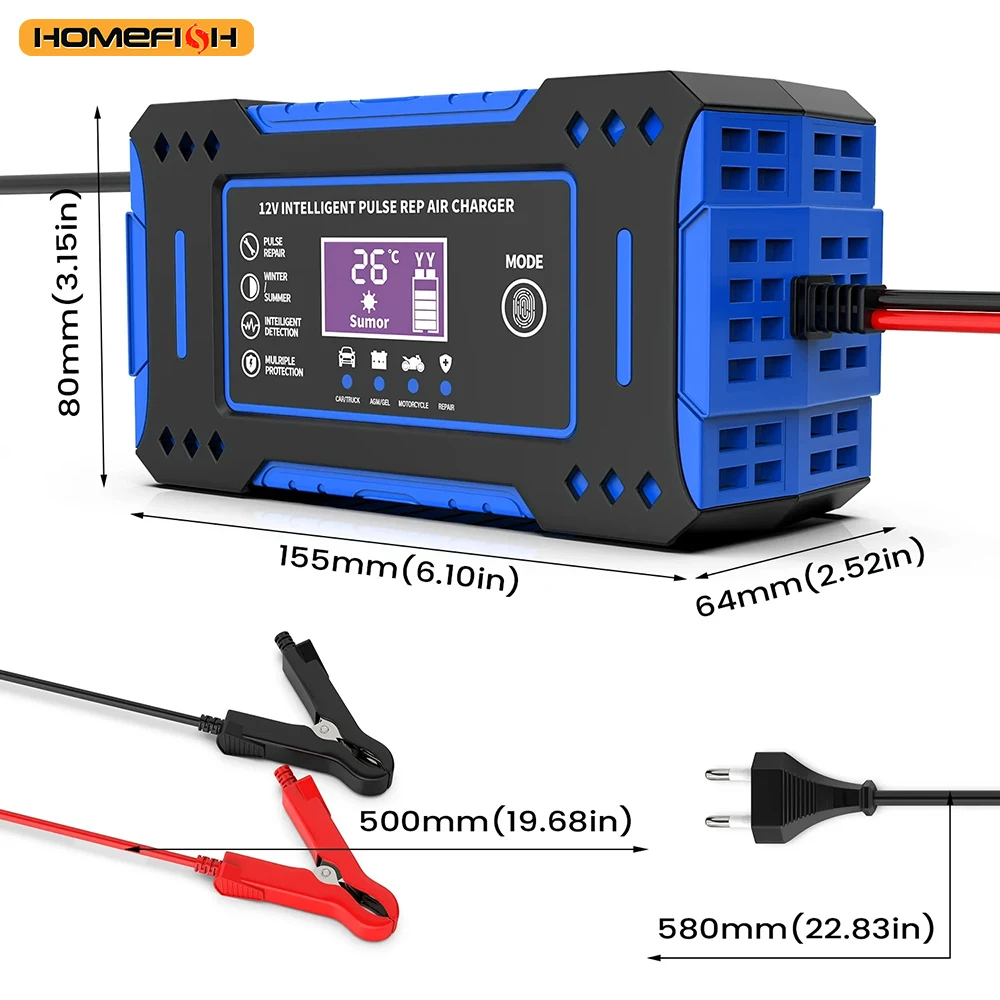 Battery Repair LCD Display 6A 12V Intelligent Car Battery Charger Car and Motorcycle Battery Charging Unit Lead-Acid