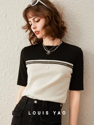 LOUIS YAO Women T-shirt Round Neck Short Sleeve 2024 Summer Contrast Color Loose Casual Webbing Chic Women's Tee Top