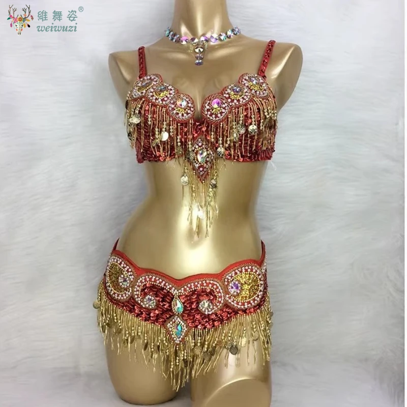 Cintura per reggiseno per costume di danza del ventre orientale 2 pezzi Abbigliamento da ballo ricamato con perline fatte a mano per donne Abiti da ballo egiziani