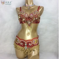 Traje de danza del vientre Oriental, cinturón de sujetador, 2 uds., Ropa de baile bordada con cuentas hecha a mano para mujeres, trajes de baile de rendimiento egipcio
