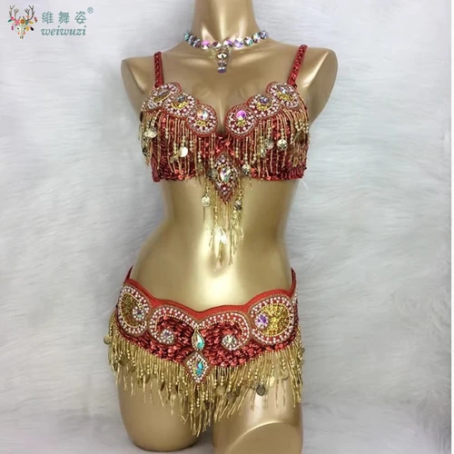 Imagen 1 del producto Traje de danza del vientre Oriental, cinturón de sujetador, 2 uds., Ropa de baile bordada con cuentas hecha a mano para mujeres, trajes de baile de rendimiento egipcio