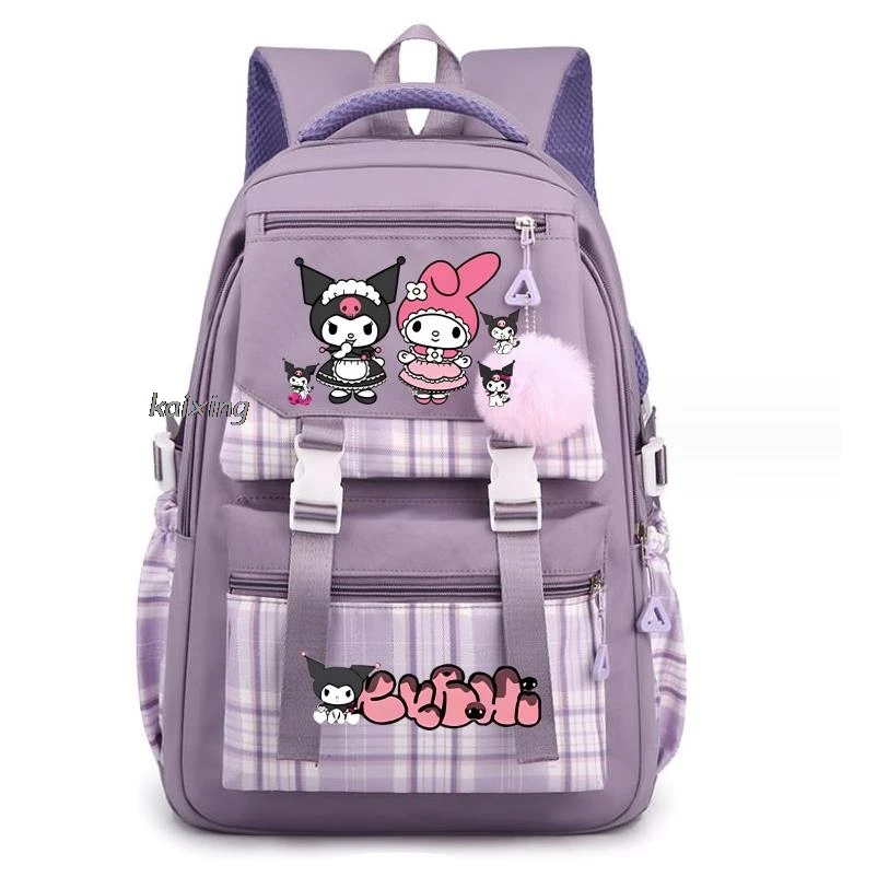 

Lovely Kuromi Melody Purple Backpack Cute Plaid School Bags For Student Teens Girls Pockets Women Laptop Backpack Harajuku
