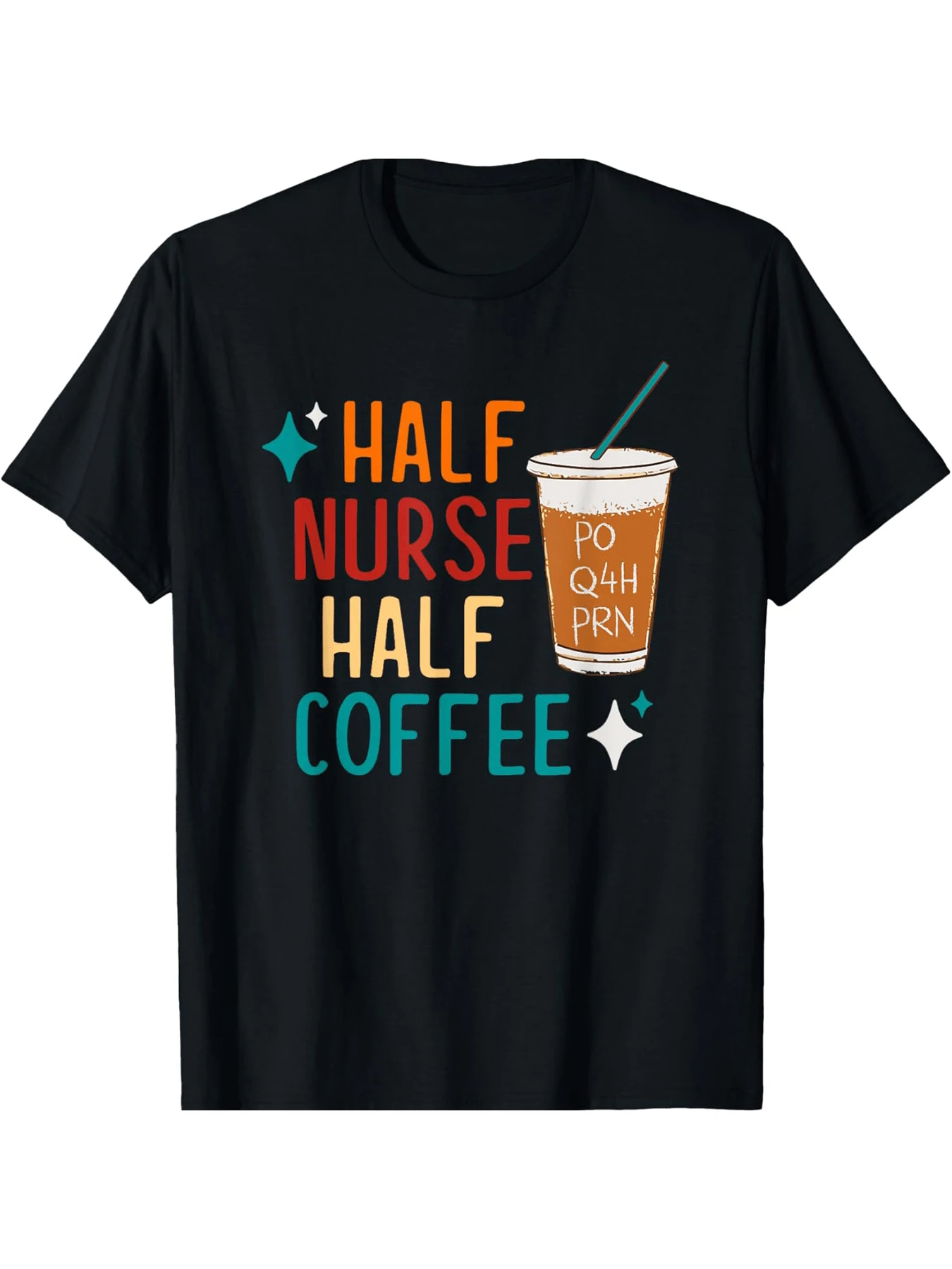 เสื้อยืดแขนสั้นผู้ชายและผู้หญิง ครึ่งพยาบาลครึ่งกาแฟ พร้อมแก้วกาแฟ คอกลมสีดำ