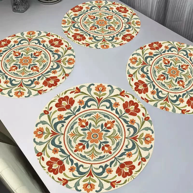 VIKAMA Retro European Ring Flower Linen Placemats, Heat Resistant Wear-Resistant Table Mat for Dining Table Kitchen Decor