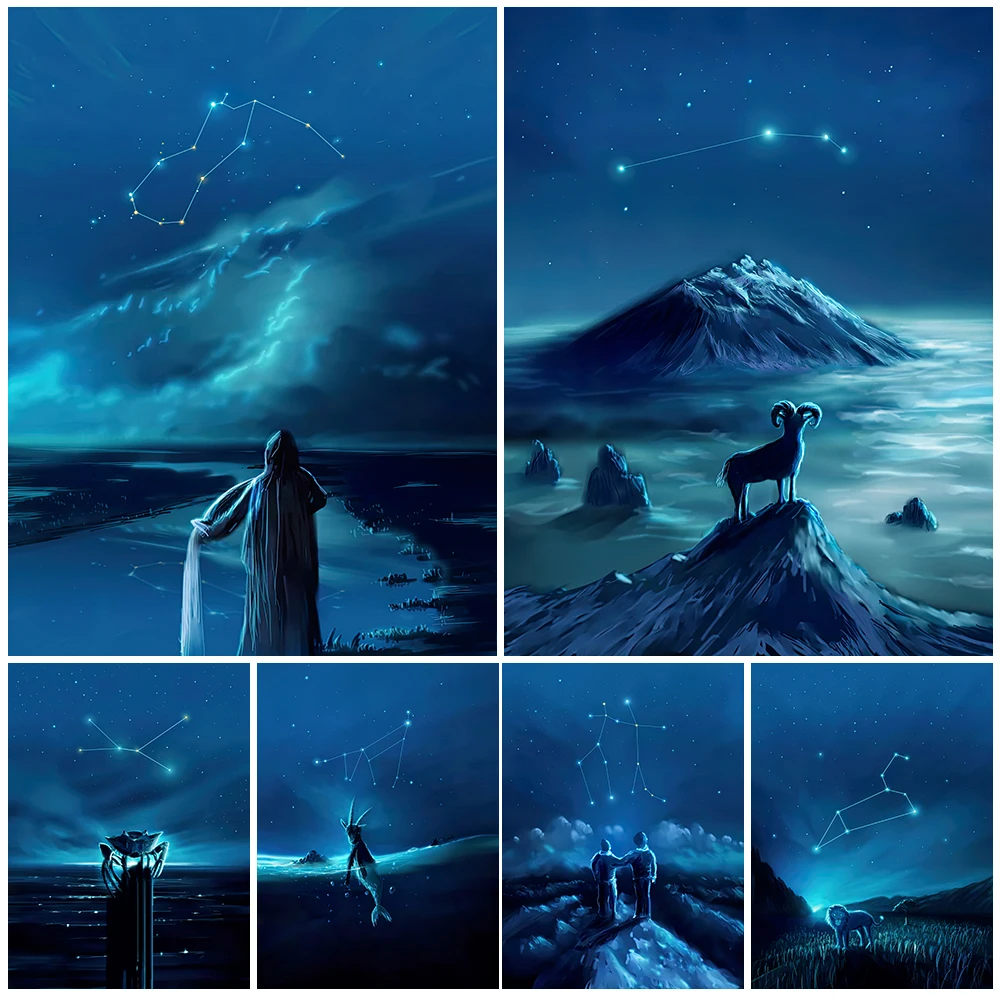 Zodiacal Signs Blue Astrology Art Poster And Print Twelve Constellations Abstract Wall Art Canvas Painting For Living Room Decor