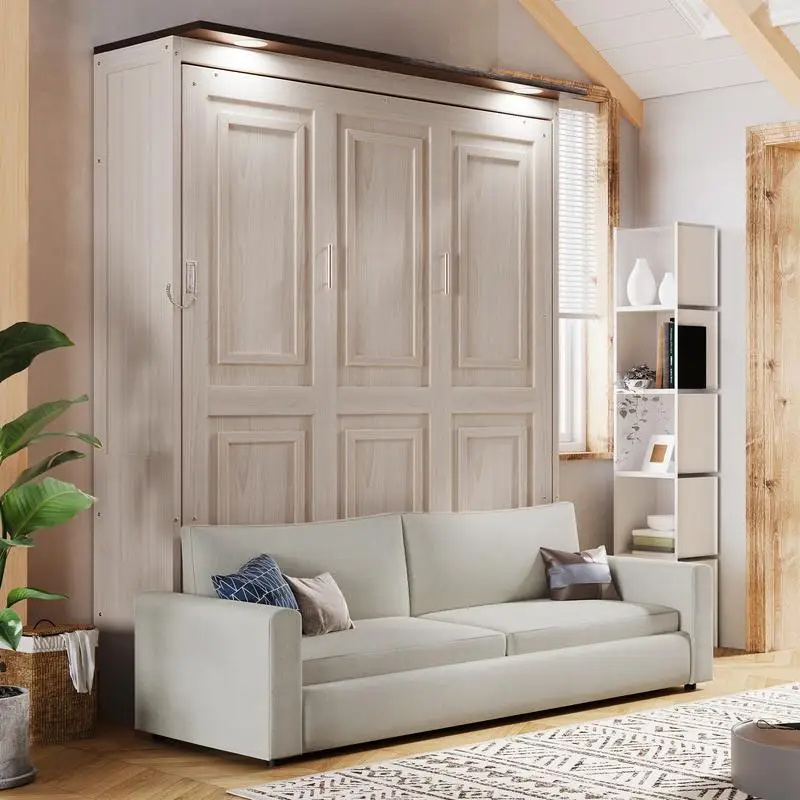 

Queen Size Murphy Bed with Sofa and LED Lighting, Beige Color