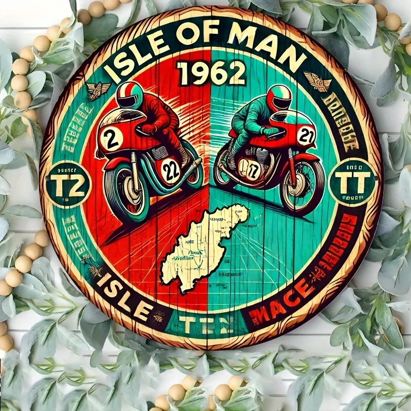 Vintage 1962 Isle of Man Motorradrennen-Plakette – 8x8 Zoll Aluminium-Wanddekoration, Retro-Farmhouse-Stil für Zuhause, Schlafzimmer