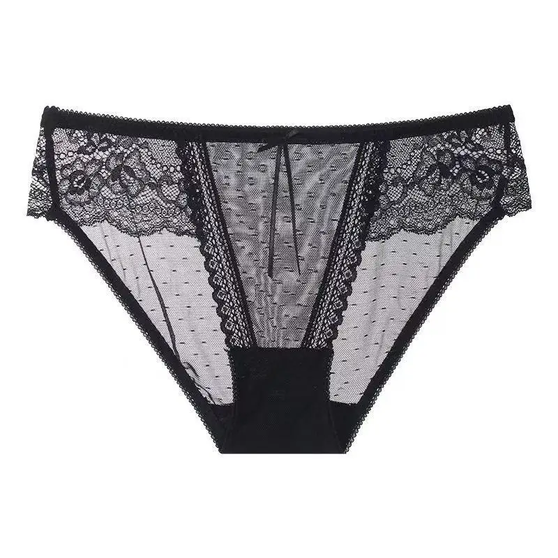 Pack of 5, clear mesh lace underwear women's thin breathable briefs girl's high split cotton crotch panties