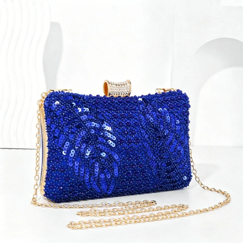 Royal Blue Sequin Beaded Bag Women Crystal Buckle Hard Case Dazzled Purse Formal Party Cocktail Gold Evening Clutch with Chain