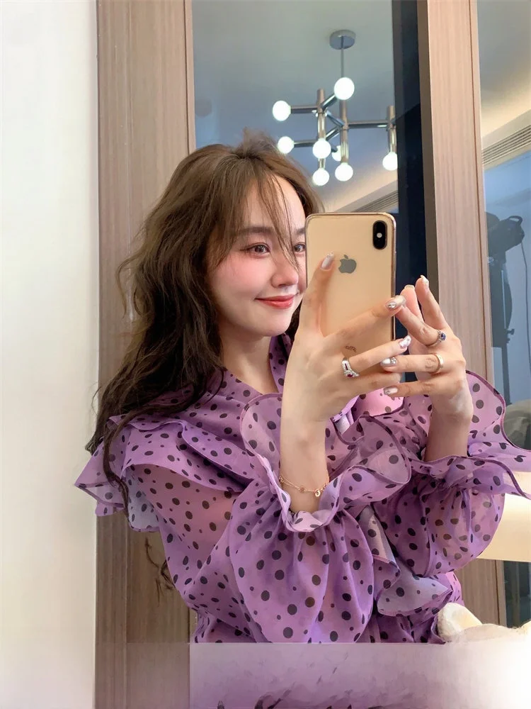 

Purple Polka Dot Long Sve irt Women's Spring Summer Beautiful Blouse TheWangs Orange Snow Ele Faionable Top