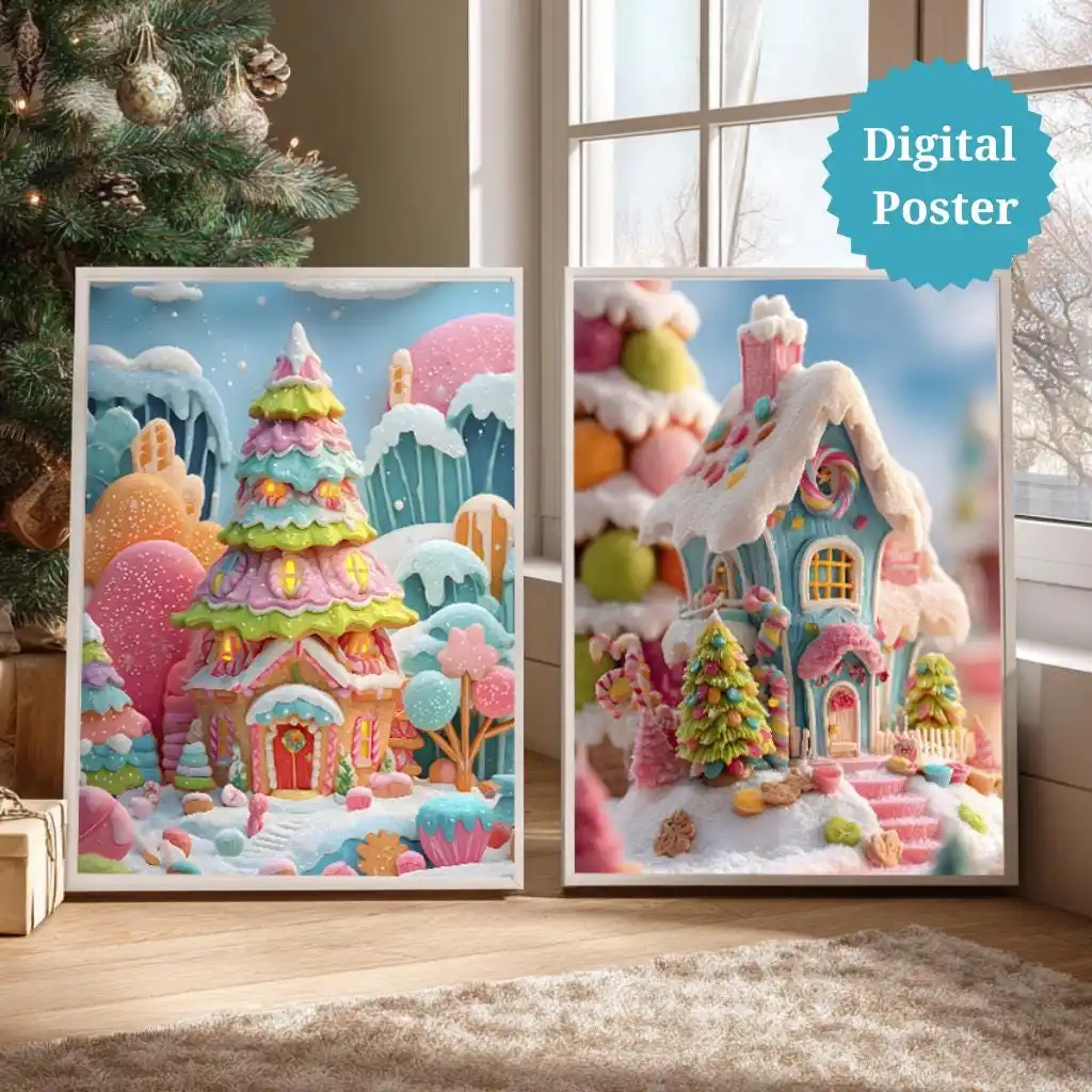 Candyland Christmas Tree Poster | Sweet Candy Village Print Set
