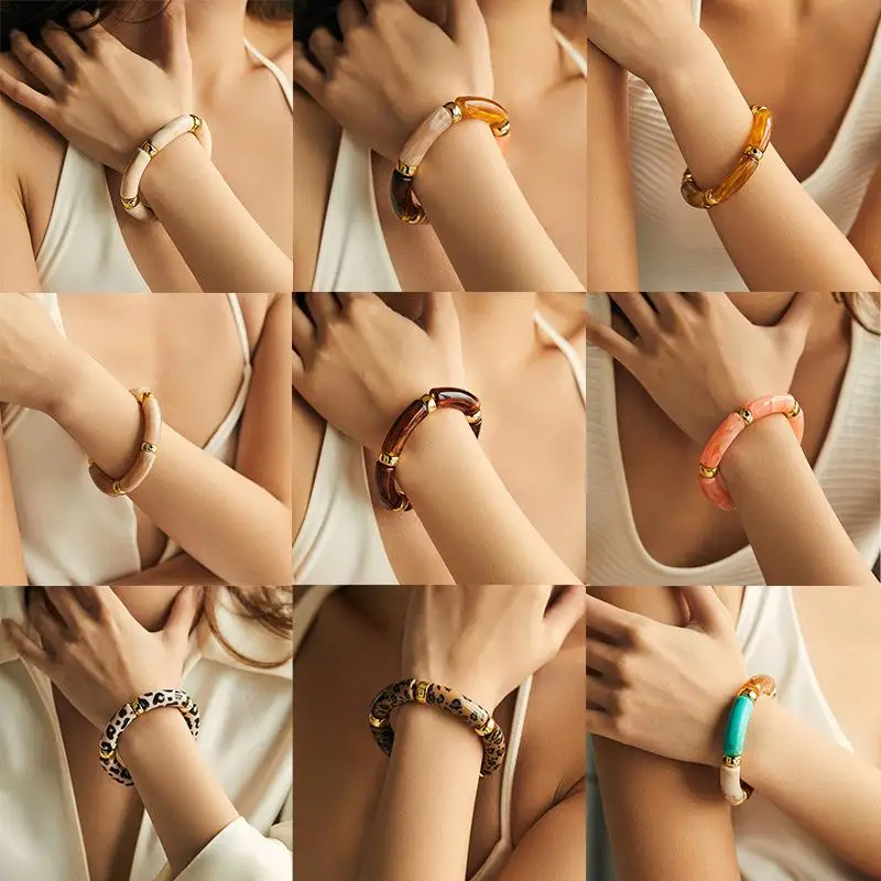مختلط اللون الخيزران أنبوب الاكريليك أساور مرنة للنساء الرجال موضة الراتنج مكتنزة الكوع مطرز الإسورة كومة
