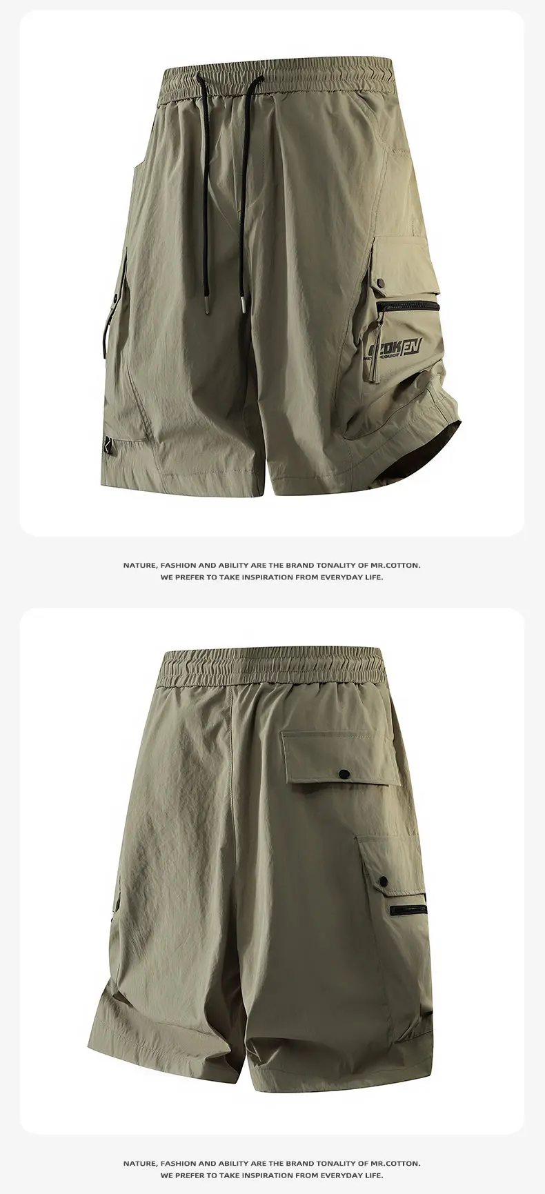Lässige Herren-Shorts mit Kordelzug und elastischem Bund, lockere knielange Hosen, Sommer 2026, Five-Cent-Jogger mit Reißverschlusstaschen – Detail 10