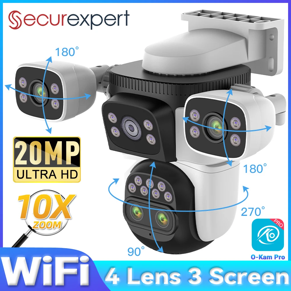 

Securexpert 20MP Four Lens Outdoor WiFi CCTV Camera 360° View 10X Zoom Human Tracking Color Night Vision Waterproof 2-Way Audio