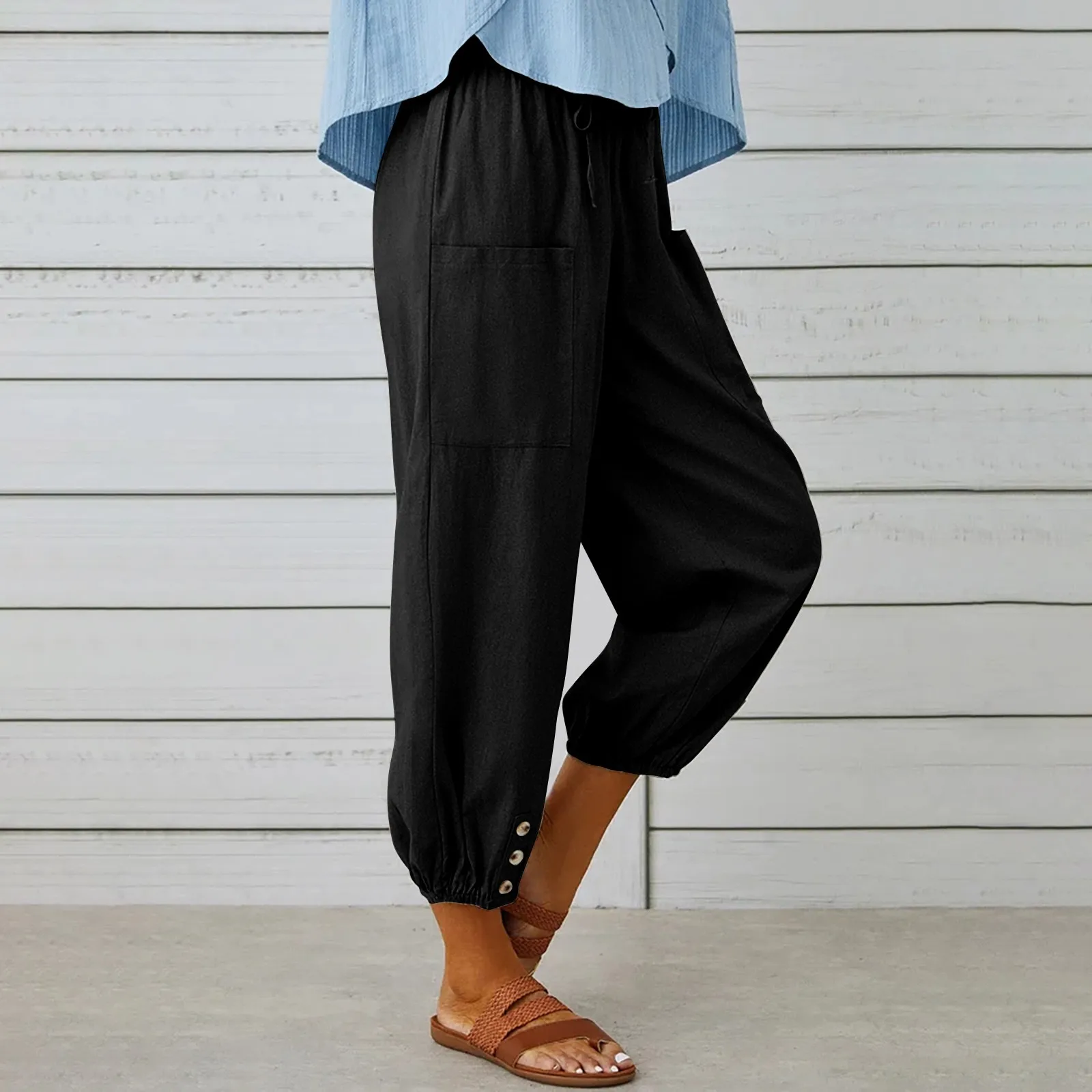 2025 Women Cotton Linen Pants with Button Overall Wide Leg Trousers Plus Size Solid Color Casual Spring Summer Pants for Lady