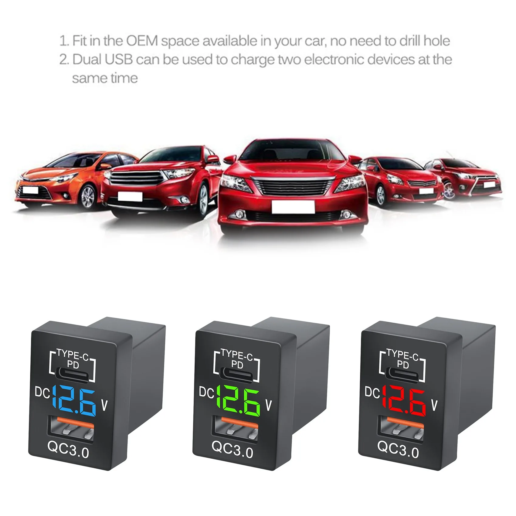 New Charger QC3.0 USB Car Charger Socket PD Type-C Charger with LED Blue Digital Voltmeter for New Quick Charge