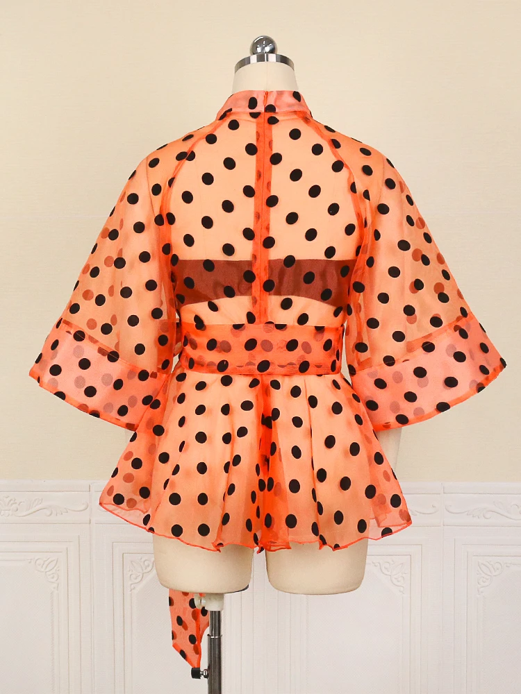 Sexy See Through Tops 3/4 Sleeve Black Polka Dot Organze White Orange Women Blouse Evening Party Plus Size Shirt Tops with Belt