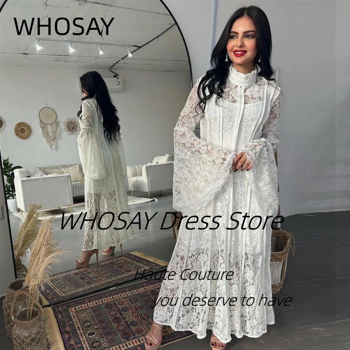 

WHOSAY Lace Prom Dresses High Collar Long Sleeves Evening Gowns Zipper Back Ankle Length Special Occasion Dress Customized