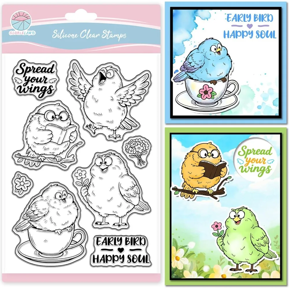 Transparenter Stempel mit Cartoon-Comic-Vögeln für Scrapbooking, niedliche Tiere, Stempel mit Blumen-Teetasse, transparenter Stempel für die Kartenherstellung